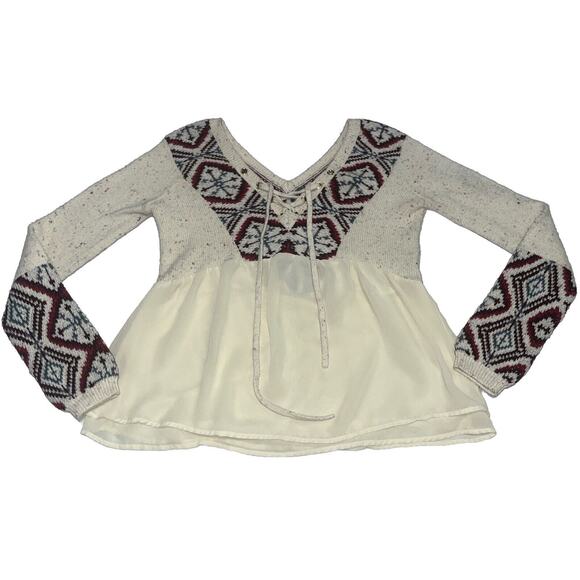 Abercrombie & Fitch S Boho Sweater Blouse W Printed Sleeves Lace Up Small Aztec - Picture 1 of 16
